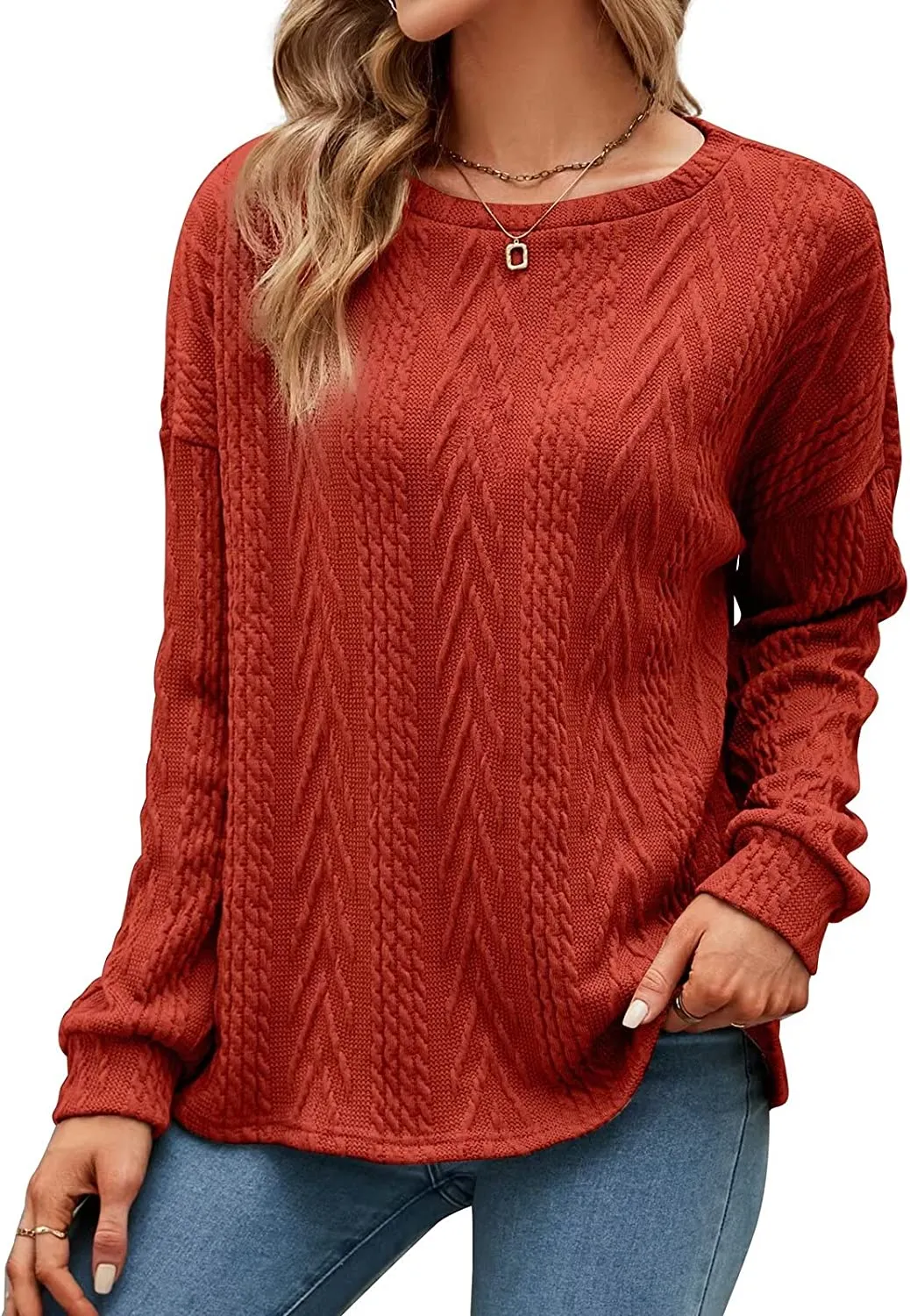 Amy Fashion - Cable Knit Tunic Sweater Crewneck Long Sleeve Sweater