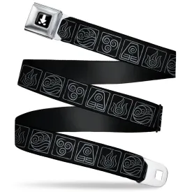 Avatar the Last Airbender Aang Glowing Arrow/Eyes Full Color Black/White Seatbelt Belt - Avatar the Last Airbender Bending Elements Icons Black/Gray Webbing