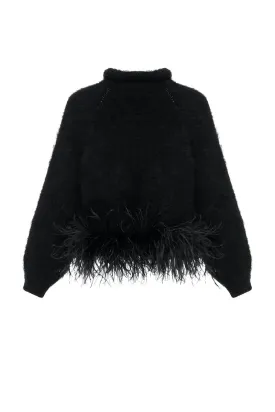 BLACK HIGH-NECK KNIT WOOL SWEATER WITH FEATHER-DETAILING