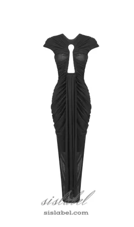 BRIANNA DRAPED KEYHOLE BODYCON GOWN IN BLACK