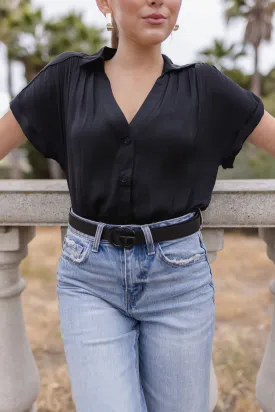 Callie Short Sleeve Button Down Top Black