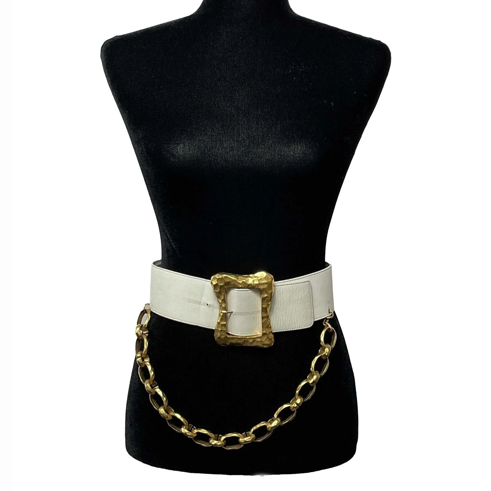 CHANEL - VTG 93P Wide White Leather Large Buckle Gold Chain Waist Belt - 70 / 28