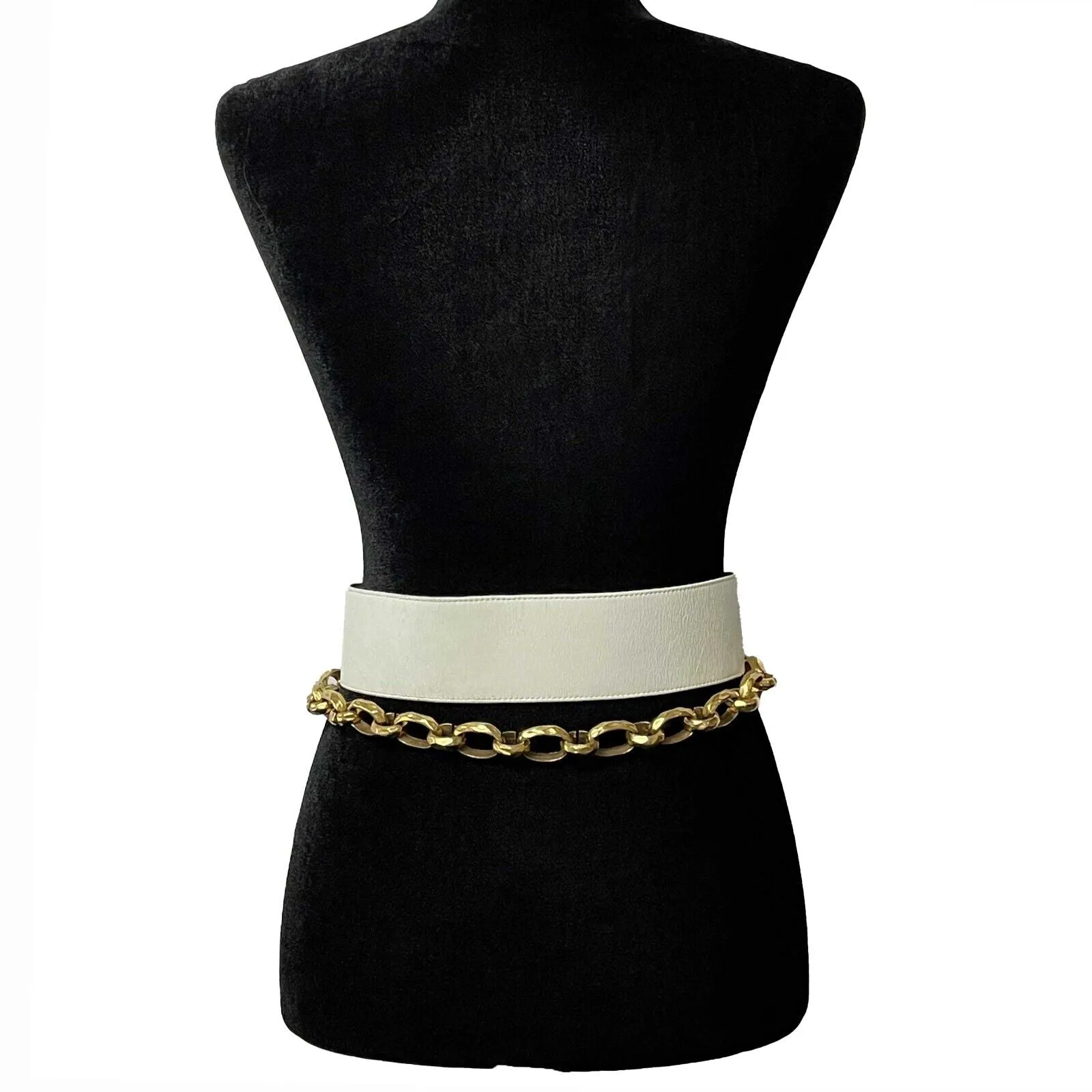 CHANEL - VTG 93P Wide White Leather Large Buckle Gold Chain Waist Belt - 70 / 28