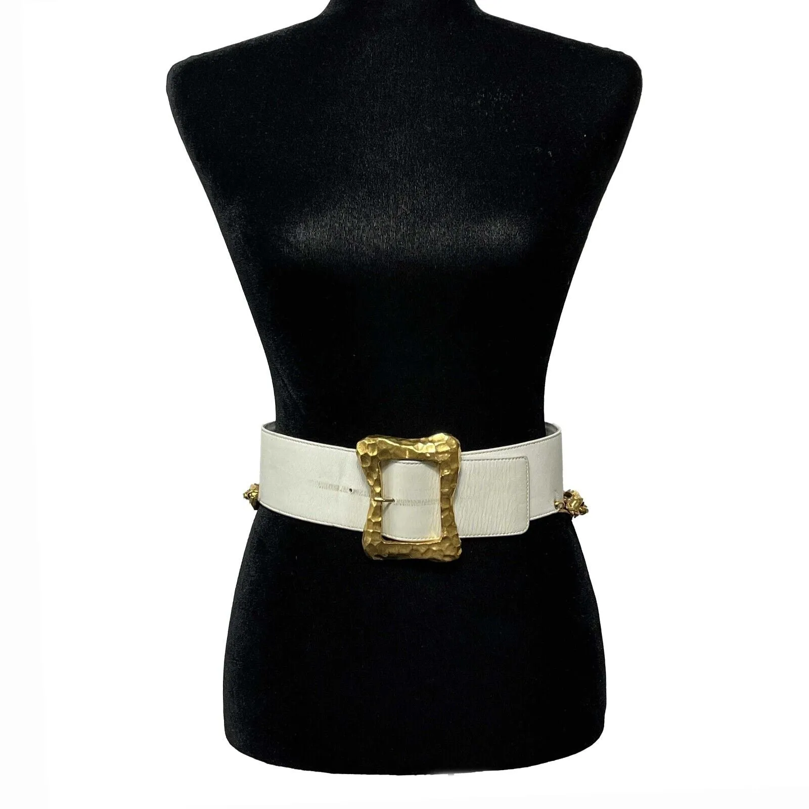 CHANEL - VTG 93P Wide White Leather Large Buckle Gold Chain Waist Belt - 70 / 28