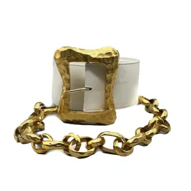 CHANEL - VTG 93P Wide White Leather Large Buckle Gold Chain Waist Belt - 70 / 28