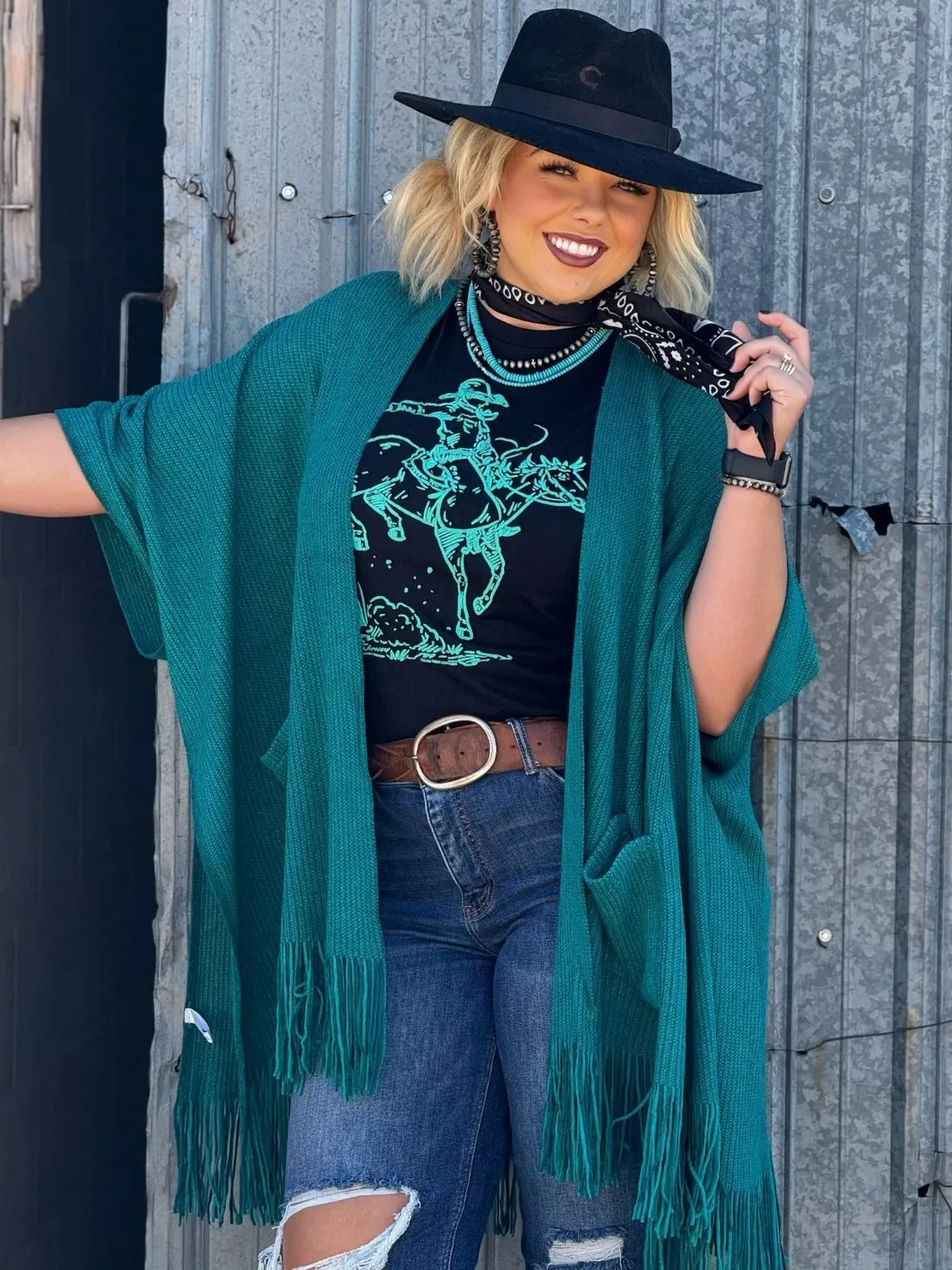 Charlie Teal Knit Fringe Kimono by Texas True Threads