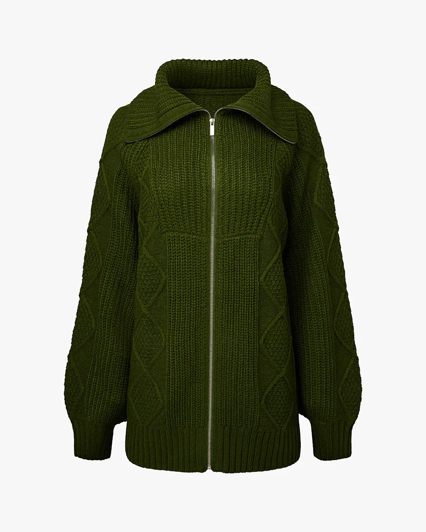 Chunky Cable Knit Zip Up Hunter Green