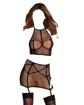 Dreamgirl Fishnet Bralette & High-Waister Garter Skirt Set Black