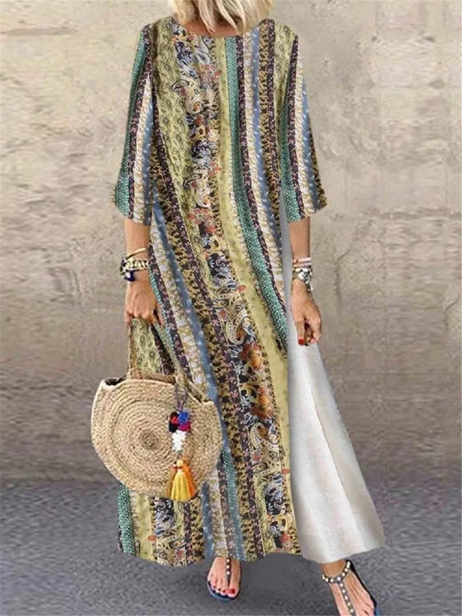 Fashion Casual Printed Stitching Round Neck Maxi Dresses