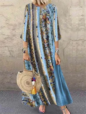 Fashion Casual Printed Stitching Round Neck Maxi Dresses