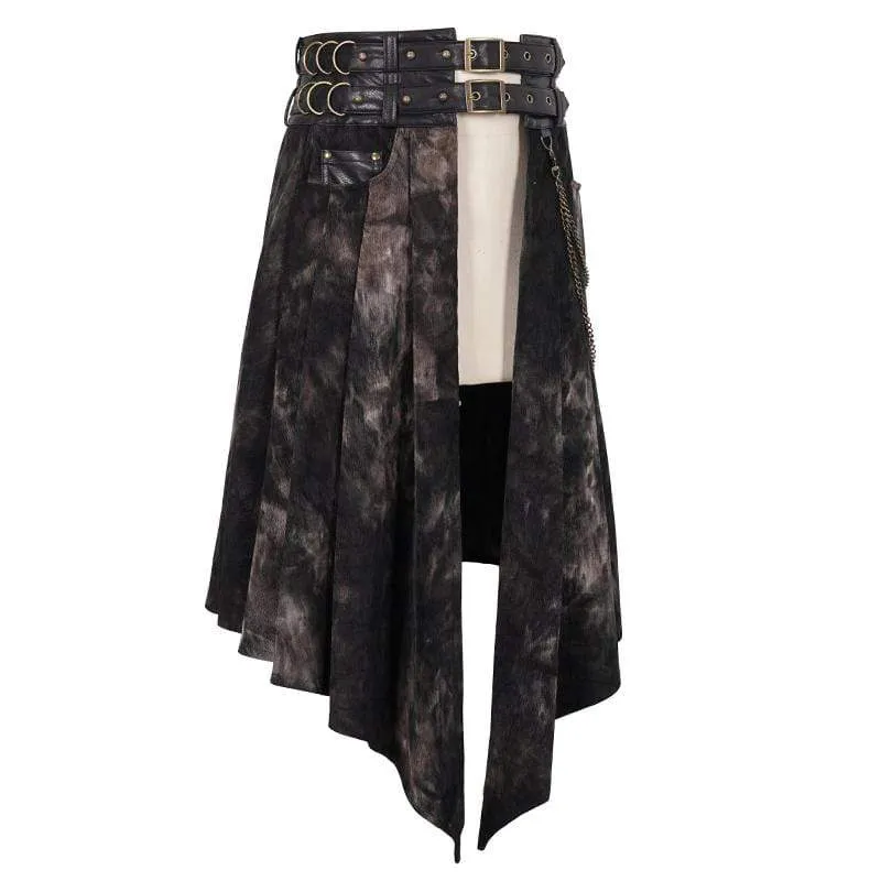 Men's Gothic Tie-dyed Faux Leather Splice Kilt with Belts