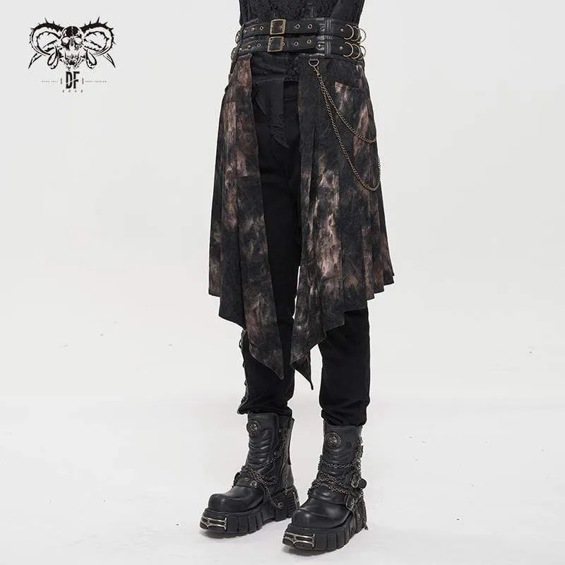 Men's Gothic Tie-dyed Faux Leather Splice Kilt with Belts