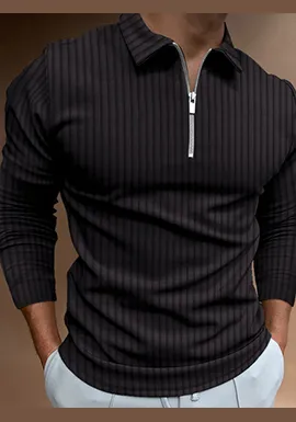 Men's solid color zipper striped long-sleeved POLO shirt