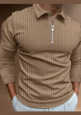 Men's solid color zipper striped long-sleeved POLO shirt