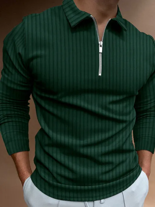 Men's solid color zipper striped long-sleeved POLO shirt