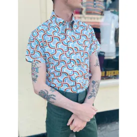 Mr Bridger - Men's 'The Washington' Teal Geometric 70's Pattern S/S - Shirt