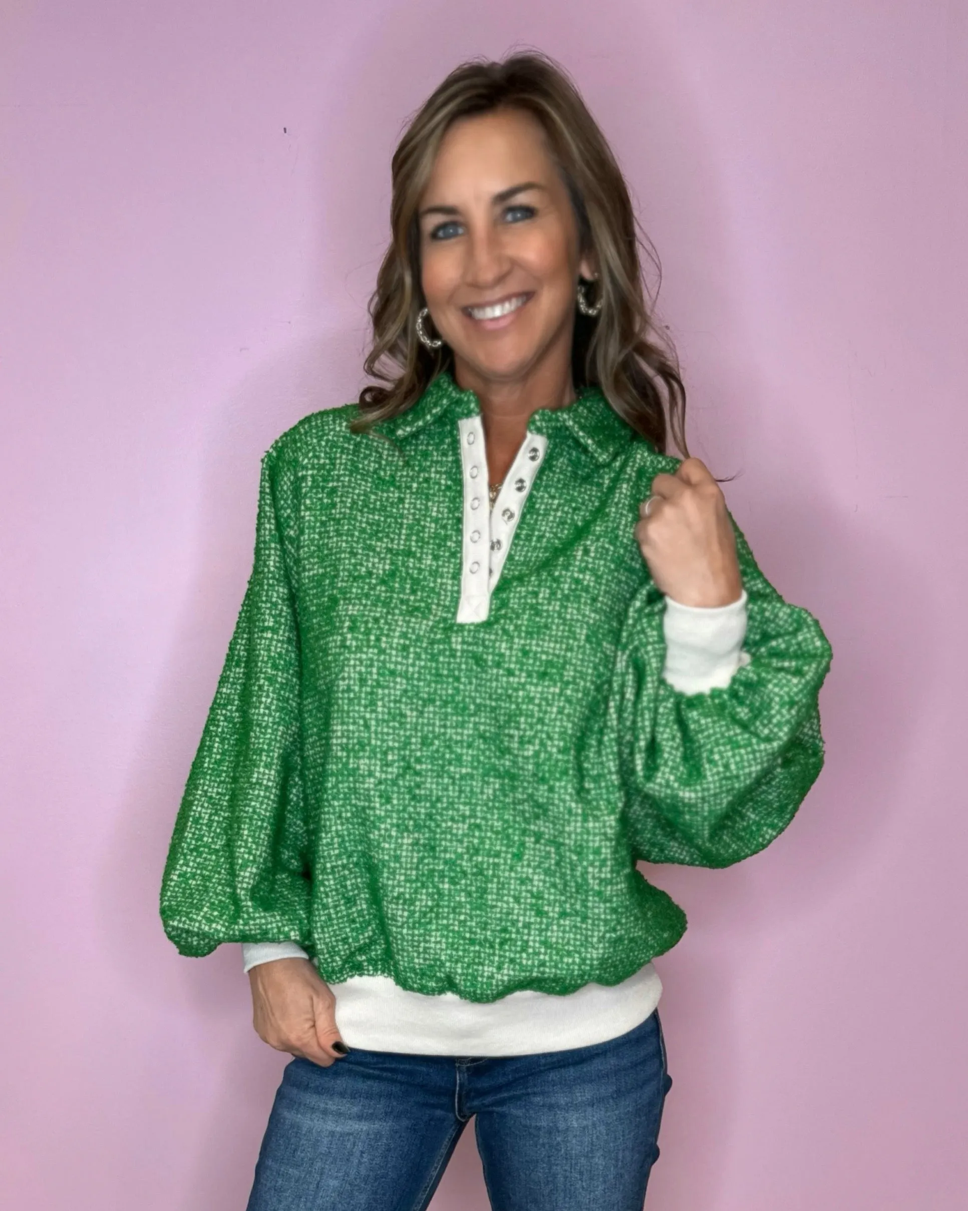 Nice List Green Tweed Balloon Sleeve Top