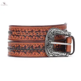 Resistance Western Belt - Floral Tooled Leather Center Stitched Line