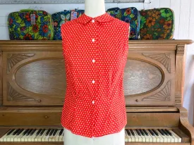 Vintage 50s | Red Pintuck Cotton Button Down Collared Sleeveless Blouse Top | S