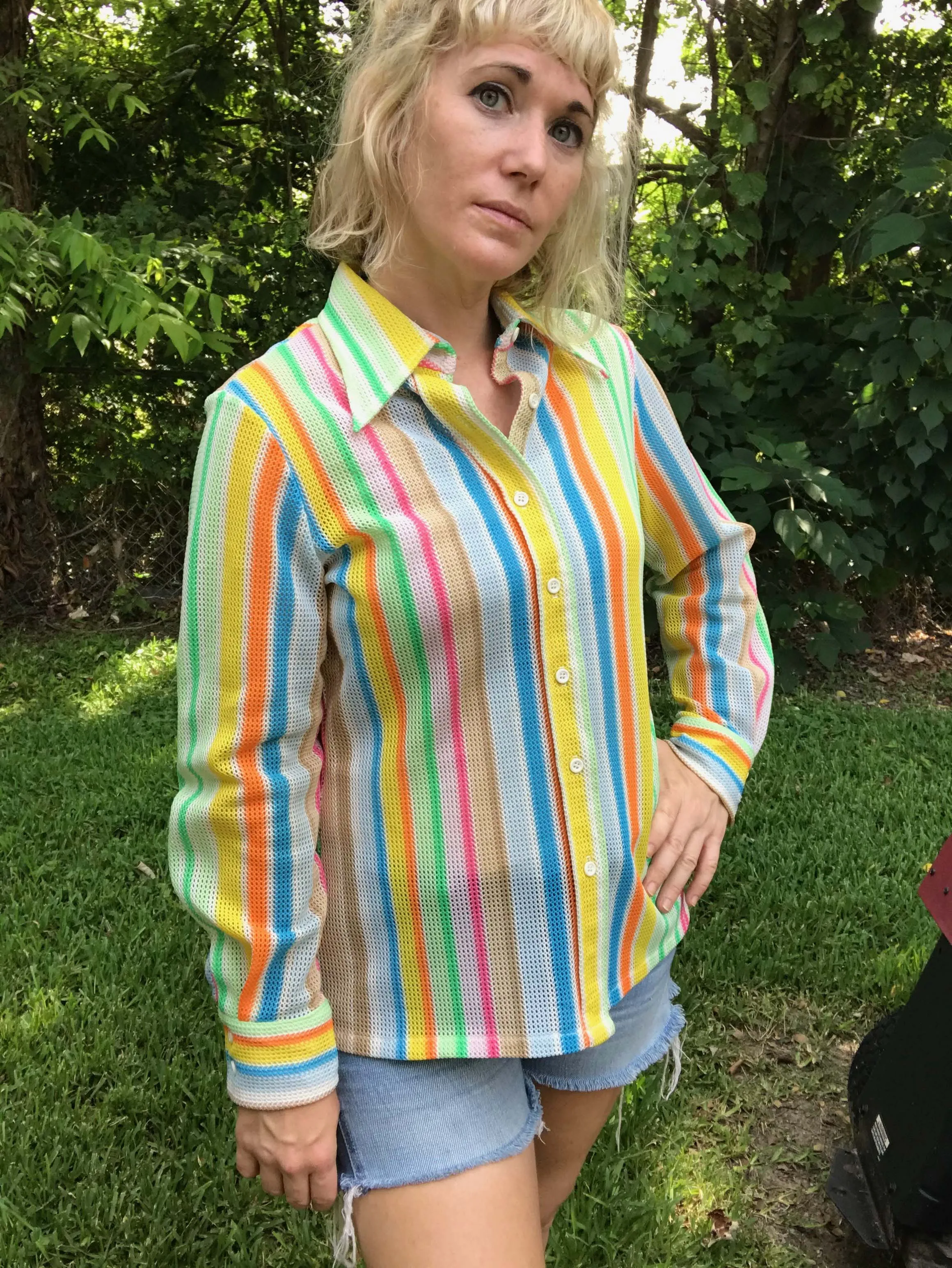 Vintage 60s 70s | Rainbow Stripe Novelty Dagger Collar Mod Disco Shirt Top | M