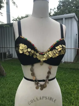 Vintage 70s | Boho Hippie Gypsy Bellydance Coin Bralette Bra Crop Top | S | 34B