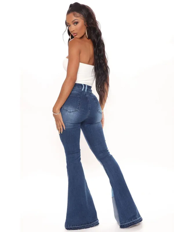 Women's Colour Block Patch High Waist Flared Jeans